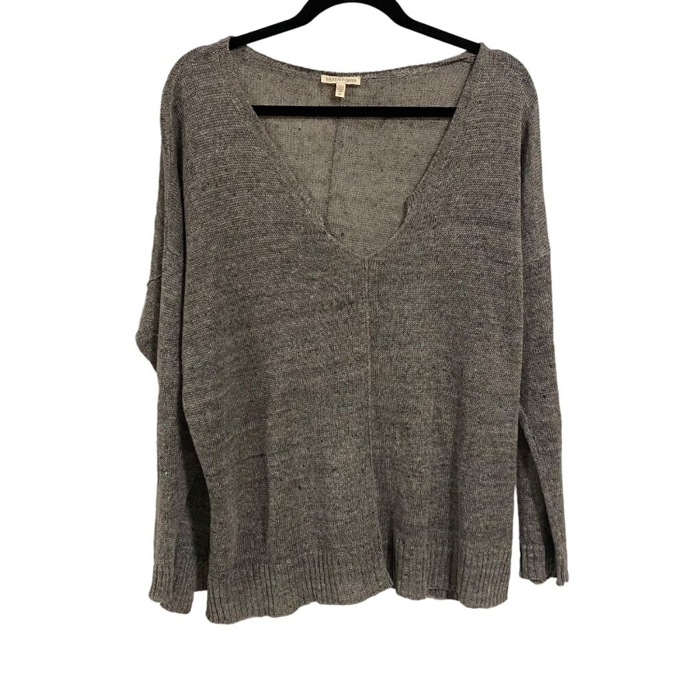 Eileen Fisher 100% Linen Gray V-Neck Sweater Size‎ M